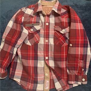 Guess boys shirt 4T red and blue plaid. Long sleeves with roll sleeve straps
